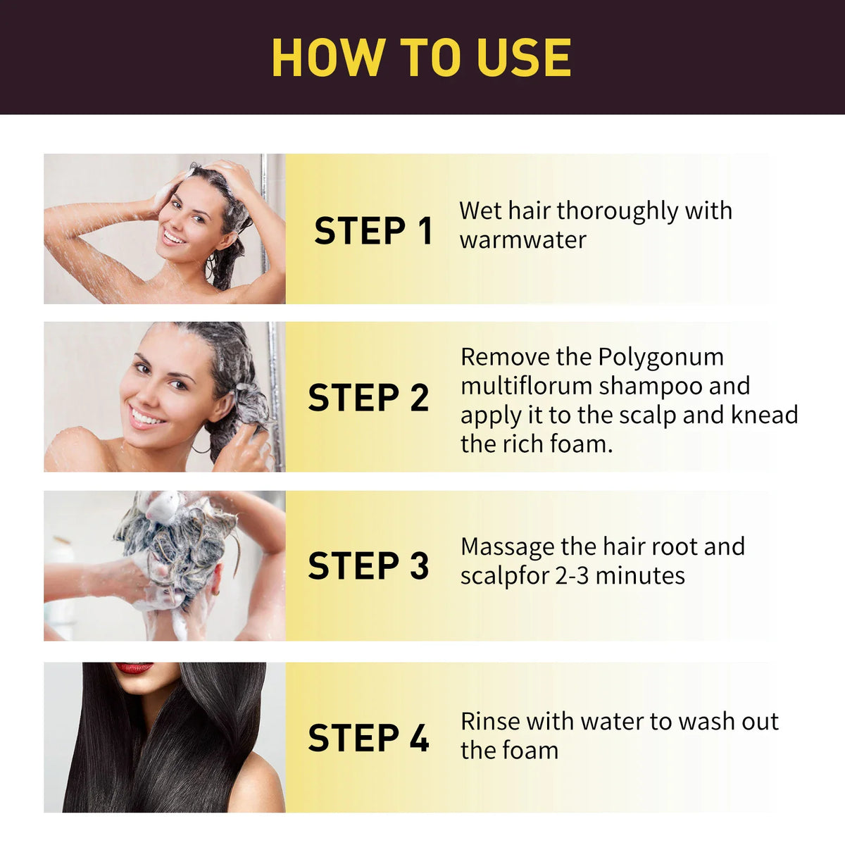 Four step instruction guide on how to use black hair dye shampoo