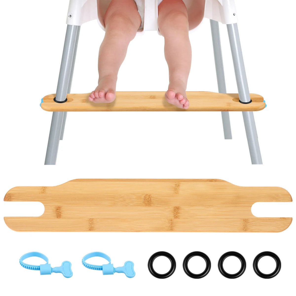 Bamboo footrest for baby highchair with rubber rings and fixing clips