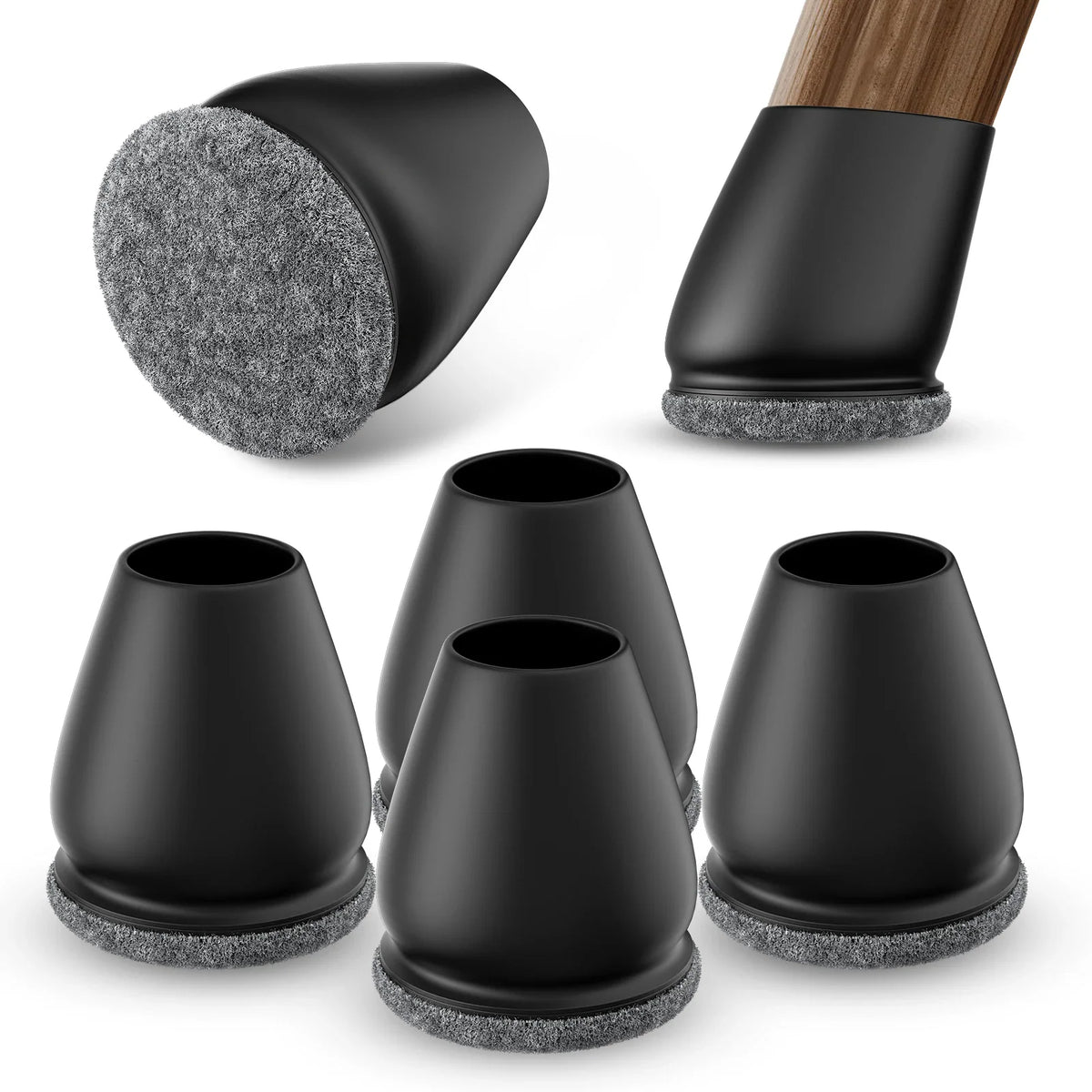 Multiple black silicone chair leg caps with felt bottoms, showing an installed view on a furniture leg