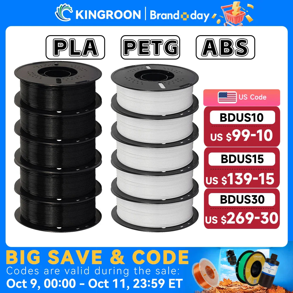 A wholesale set of 3D printer filament spools in black and white with promotional text.