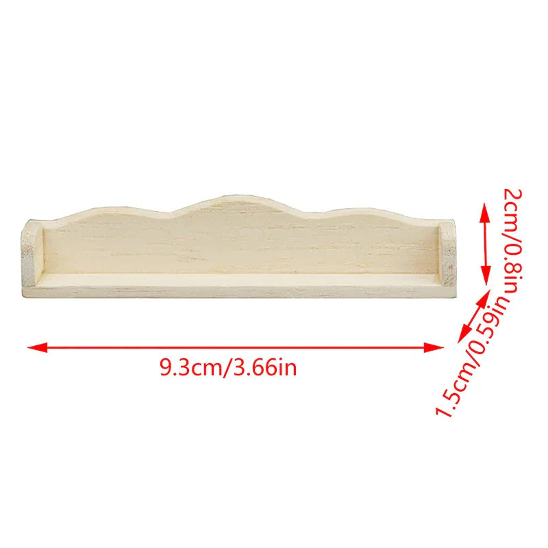 A miniature wooden dollhouse wall shelf with red dimension lines and measurements written in text.