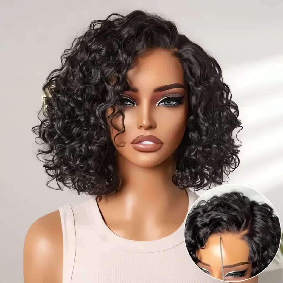 Woman wearing a short black curly bob human hair wig with a natural-looking lace closure