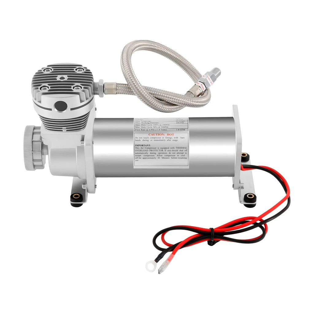 12V portable air compressor unit with silver metal finish and power cables