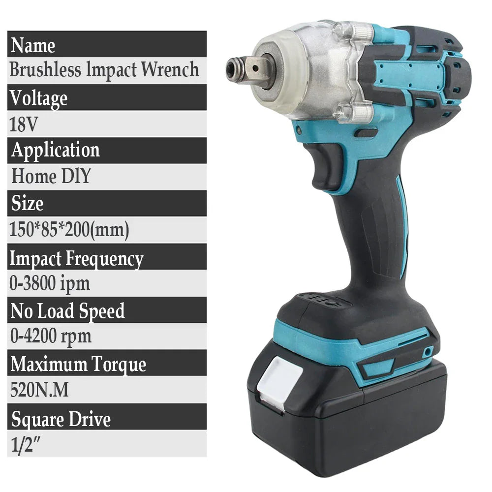 Blue and black cordless impact wrench with technical specifications listed next to it.