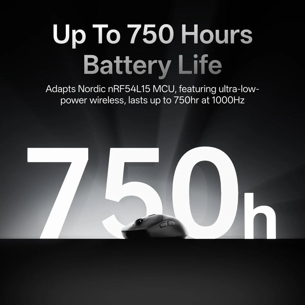 A black gaming mouse displayed against a large text graphic about long battery life.