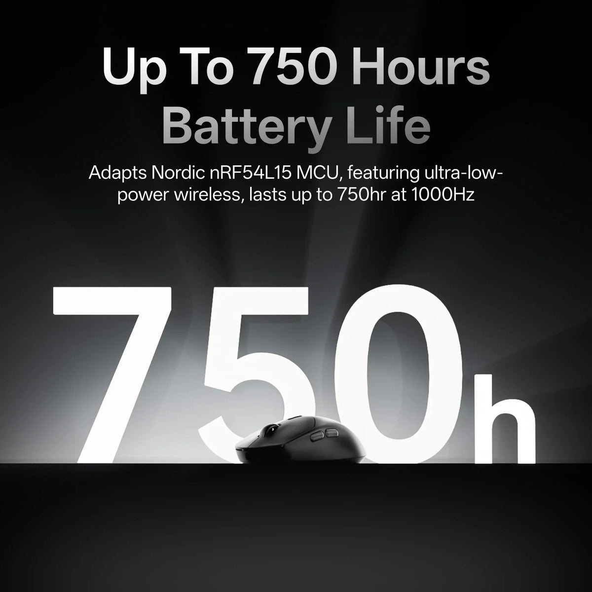 A black gaming mouse displayed against a large text graphic about long battery life.