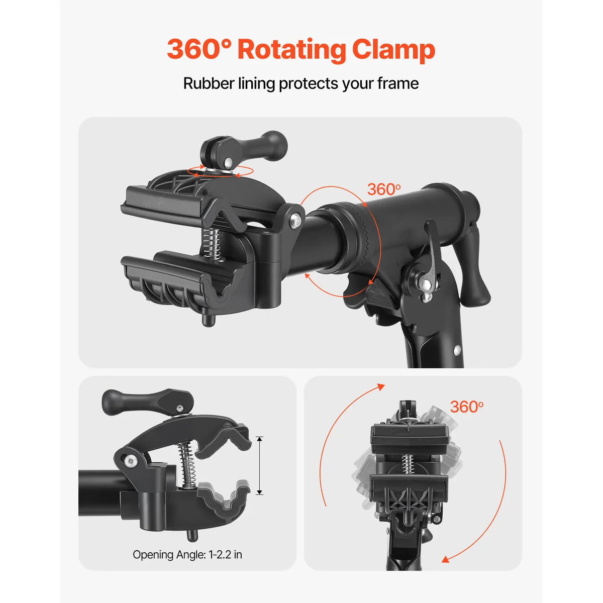 Detailed view of the 360-degree rotating clamp mechanism for a bicycle repair stand