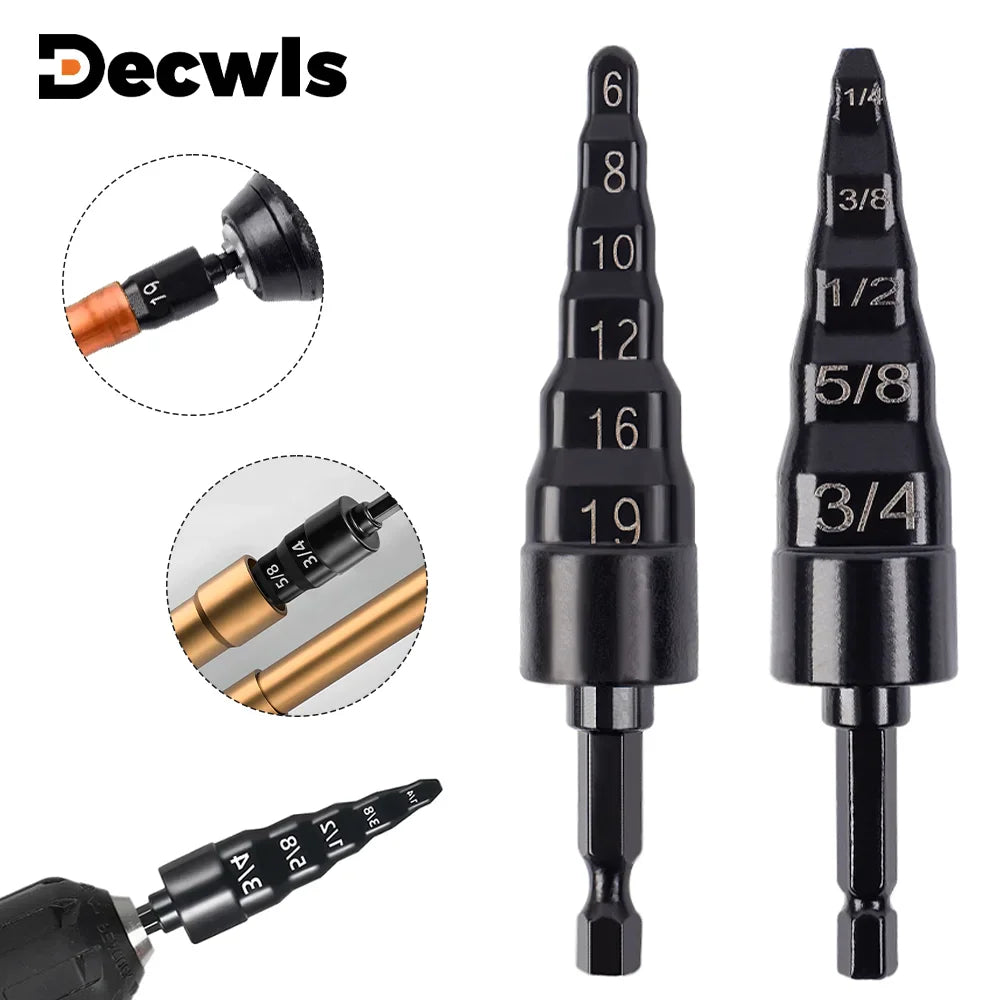 A pair of black stepped drill bits for copper pipe expansion