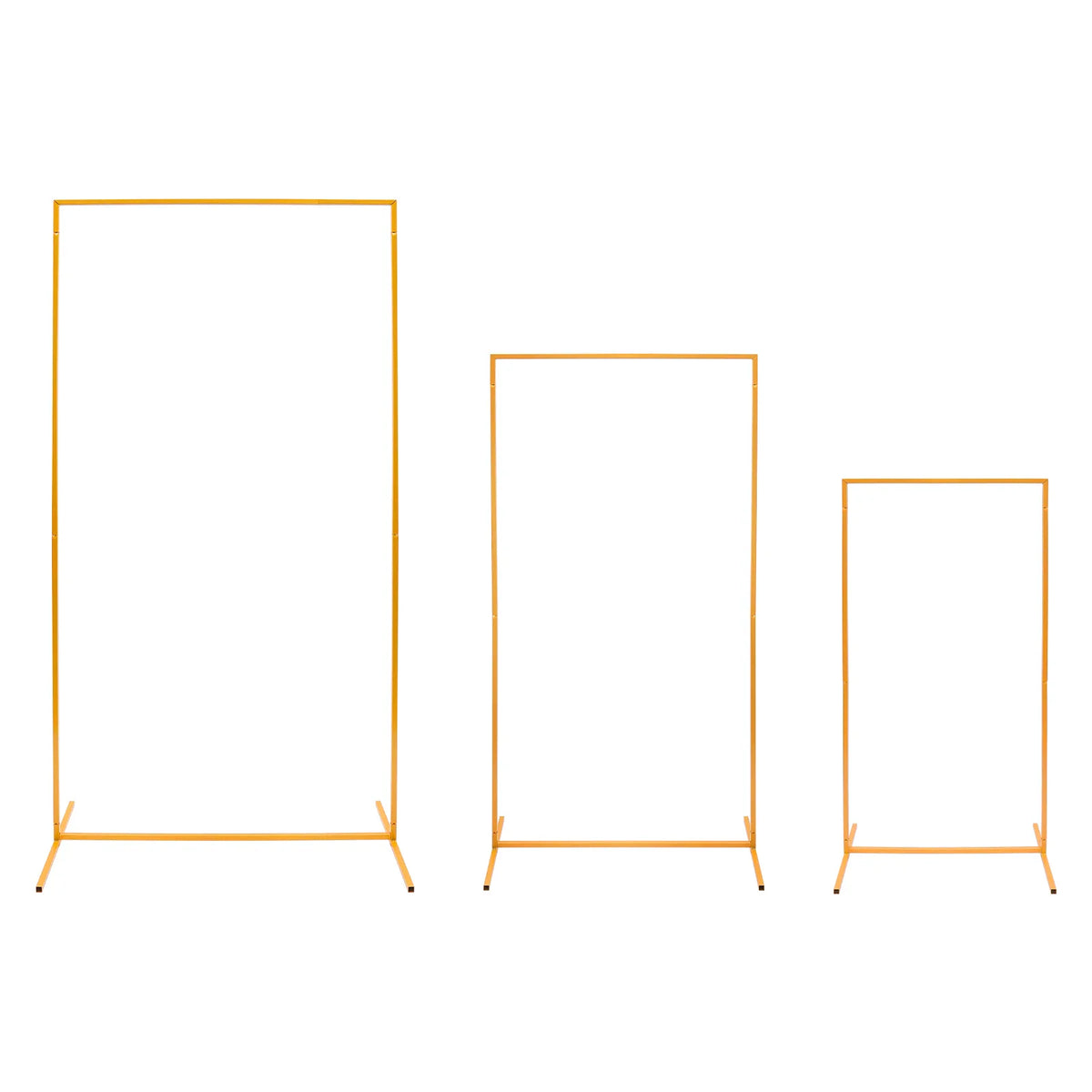 Three different sizes of gold rectangular metal display stands arranged side by side