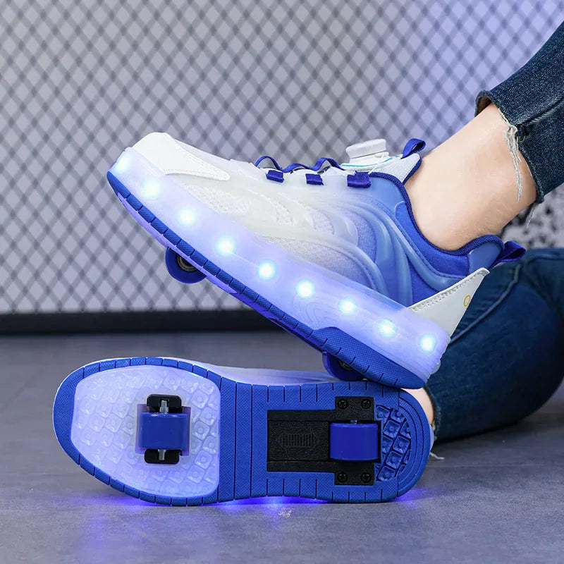 Blue and white LED roller skate shoes with two wheels showing the sole