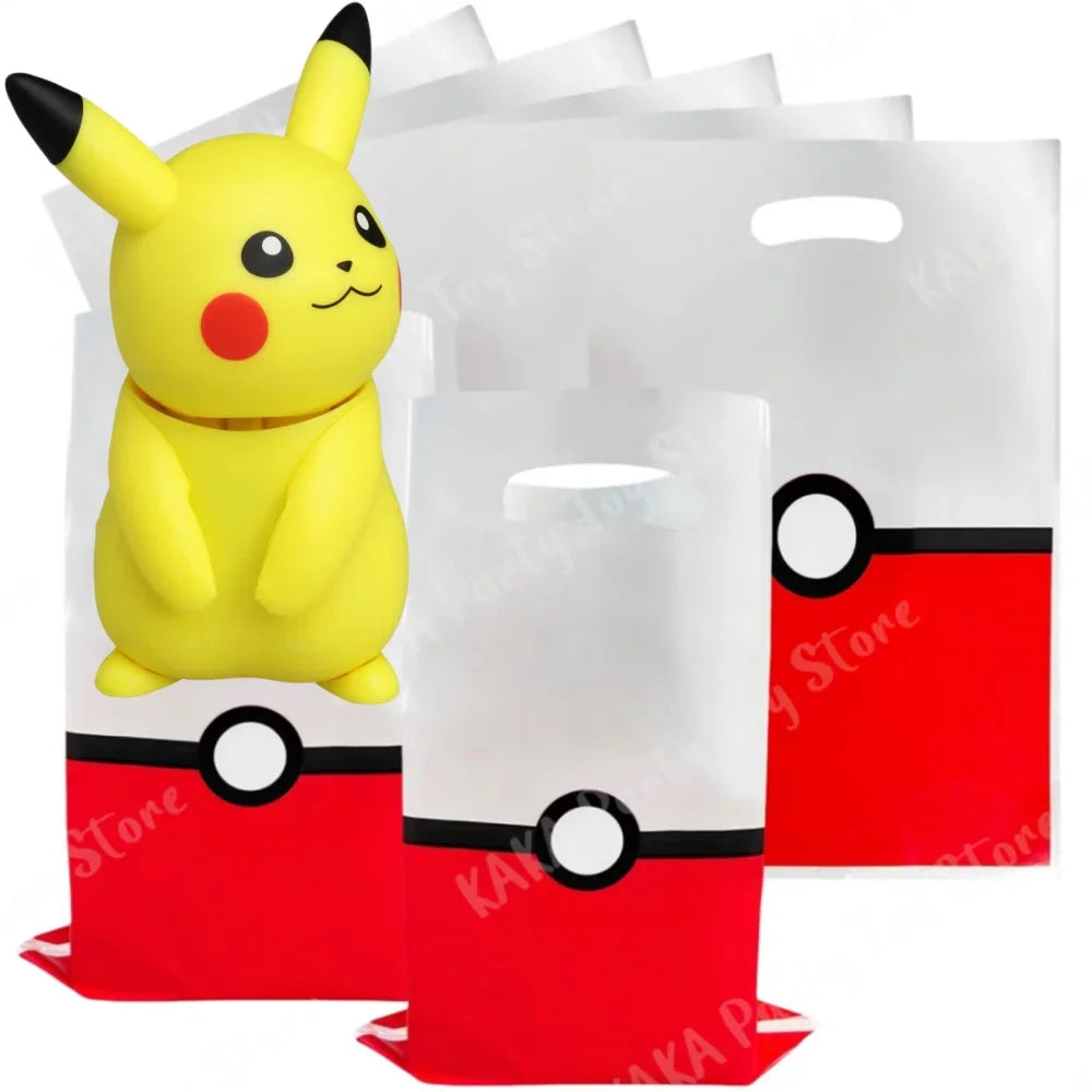 Pokemon themed plastic party gift bags with pokeball design and yellow character figure