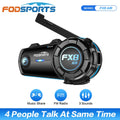 Black Bluetooth motorcycle headset with antenna, showcasing features like music sharing, FM radio, and 4-person intercom.