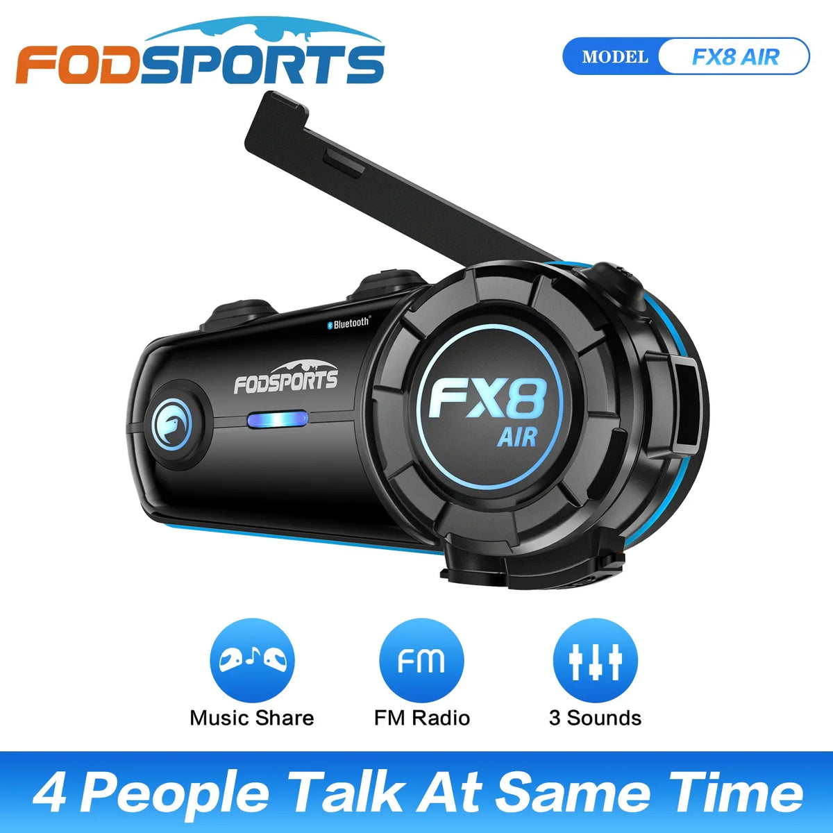 Black Bluetooth motorcycle headset with antenna, showcasing features like music sharing, FM radio, and 4-person intercom.