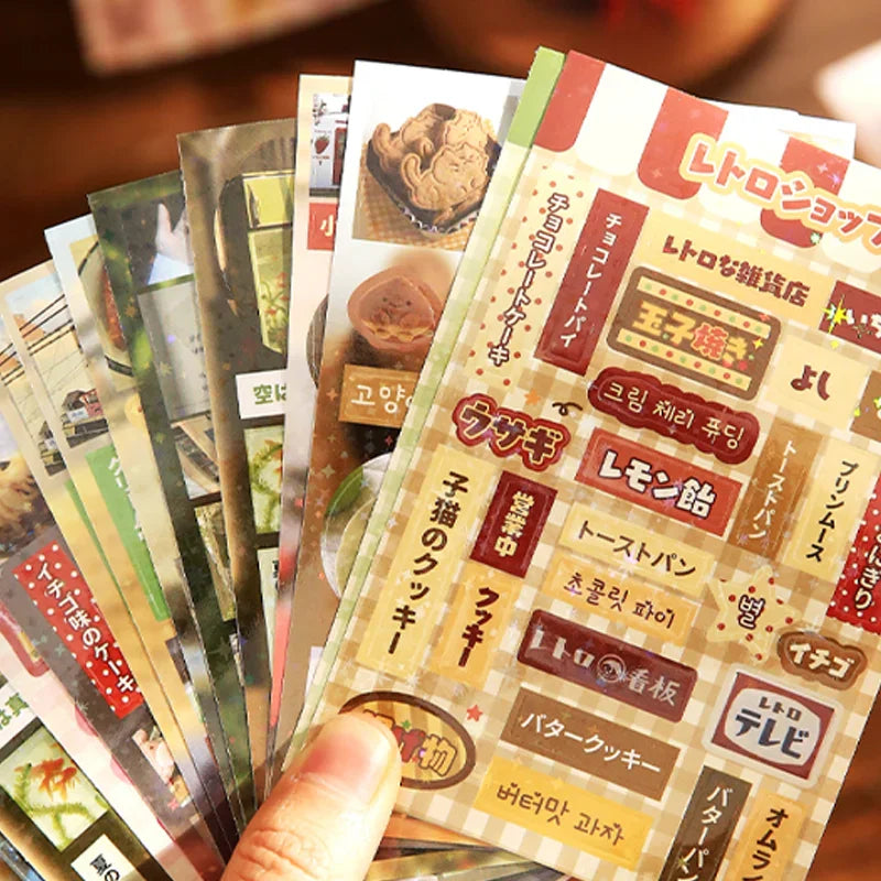 A collection of retro-themed adhesive sticker sheets featuring cute food illustrations