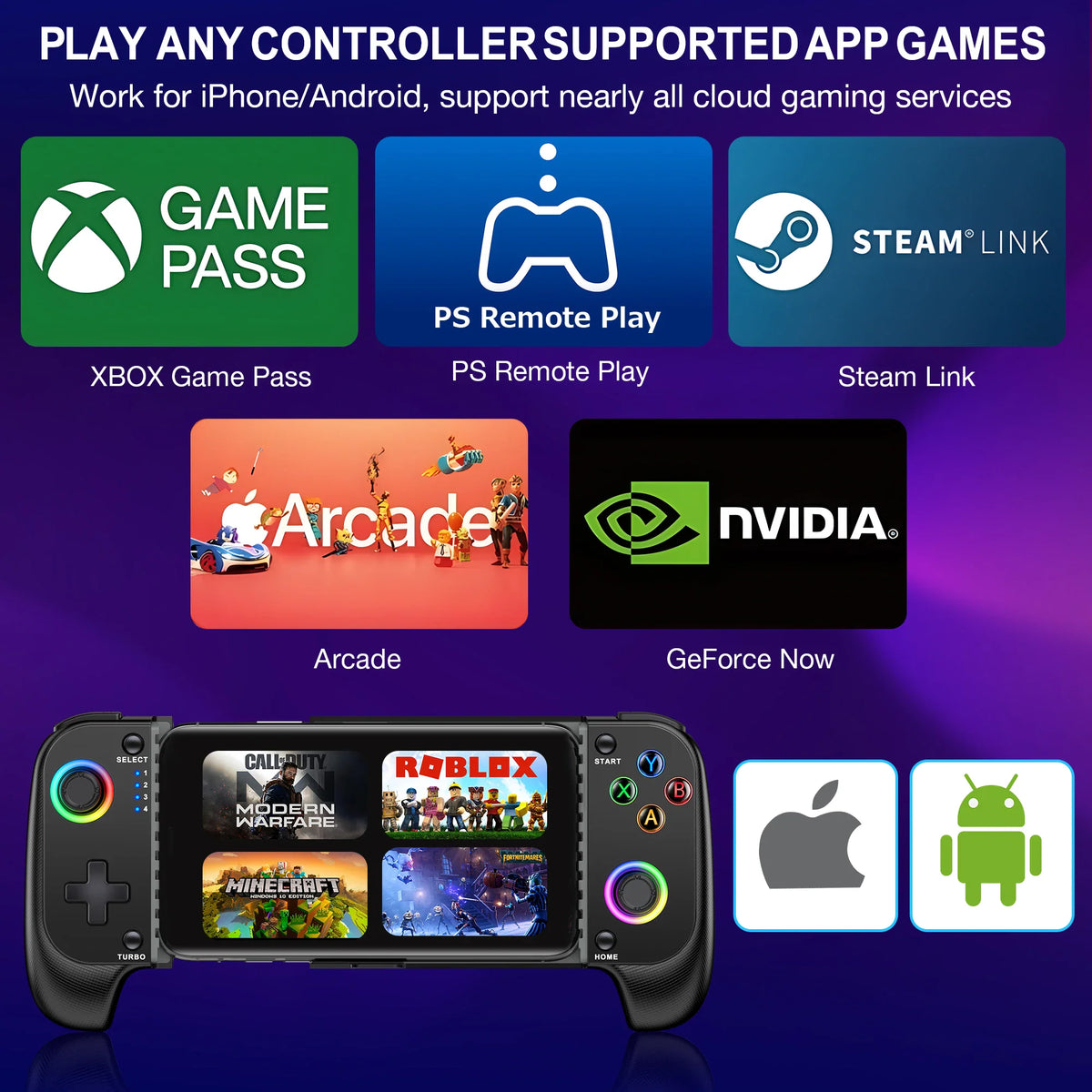 A smartphone controller showing various compatible cloud gaming services and app icons.