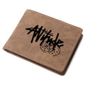Brown bi-fold leather wallet with dice and attitude text print