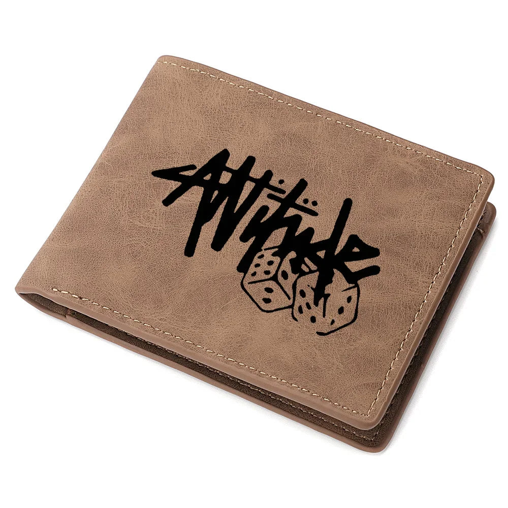 Brown bi-fold leather wallet with dice and attitude text print