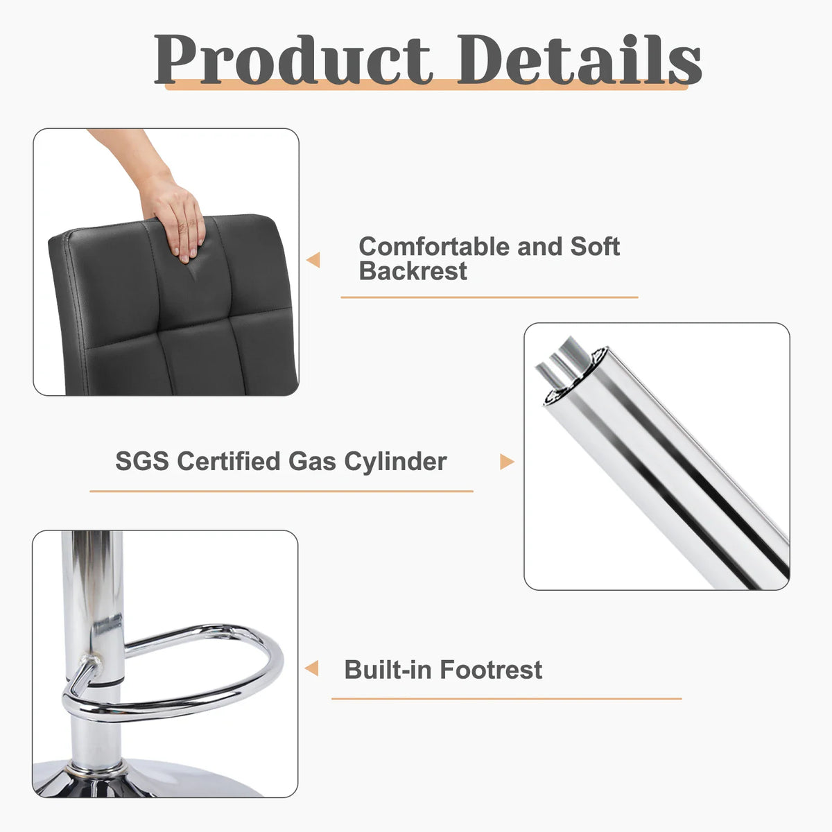 Close-up details of a black bar stool showing its backrest, gas cylinder and footrest