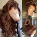 Chocolate brown body wave human hair lace front wig displayed on a mannequin head in different styles