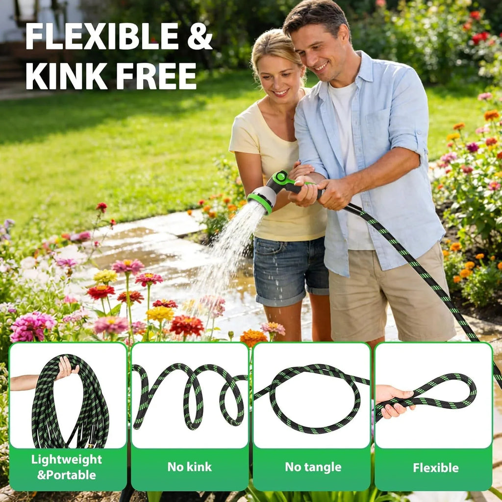 Couple using garden hose in a garden with text describing flexibility and lack of kinks