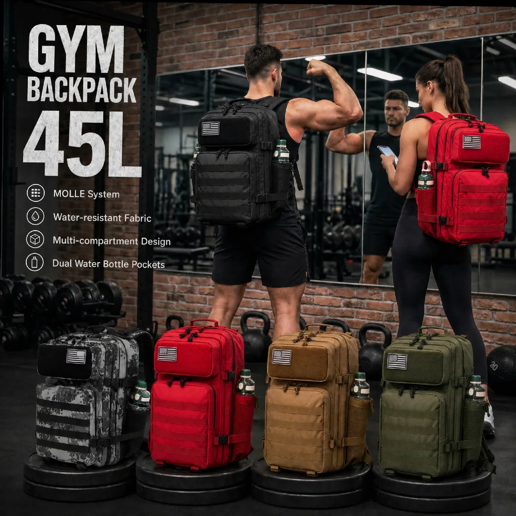 A 45L tactical gym backpack shown in multiple colors on a group of people and as separate items in a gym.