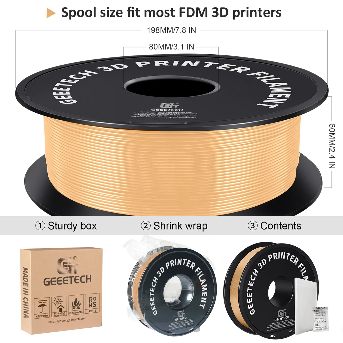 A spool of 3D printer filament with packaging details and included accessories