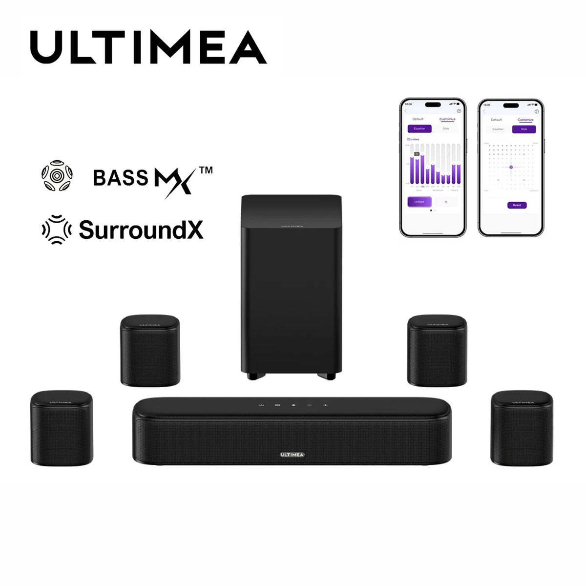 7.1 channel virtual surround soundbar system with subwoofer and four satellite speakers, shown with mobile app control