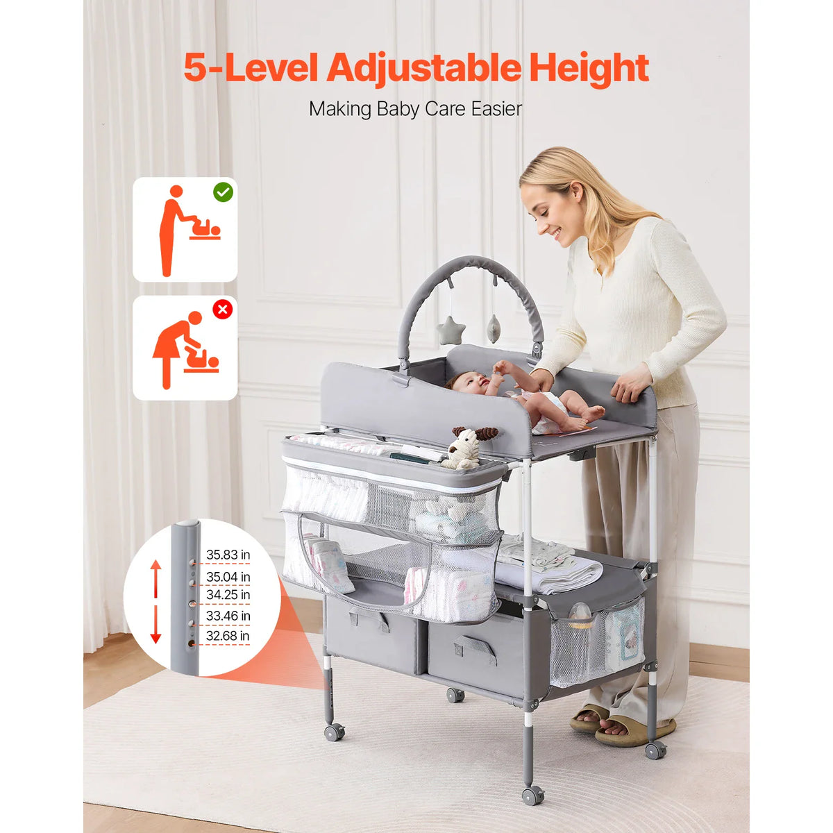 Woman standing by an adjustable height grey baby changing table with a baby on top