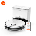 White robot vacuum cleaner and self-emptying base station with smartphone app display