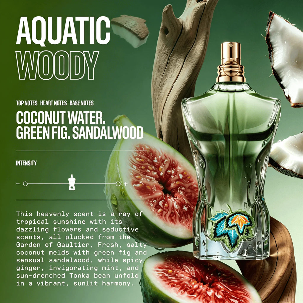 Green torso-shaped glass perfume bottle next to a cut fig and coconut pieces with notes and intensity text.