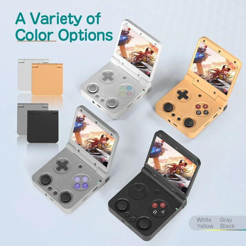 A group of handheld game consoles in white, black, gray, and yellow showing the screen and folded view