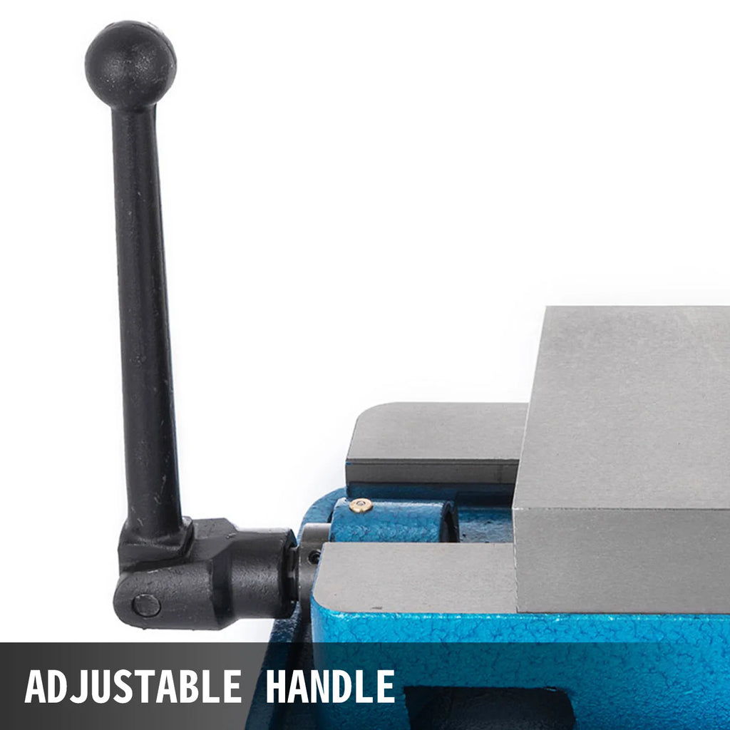 Adjustable handle on a blue industrial milling vise