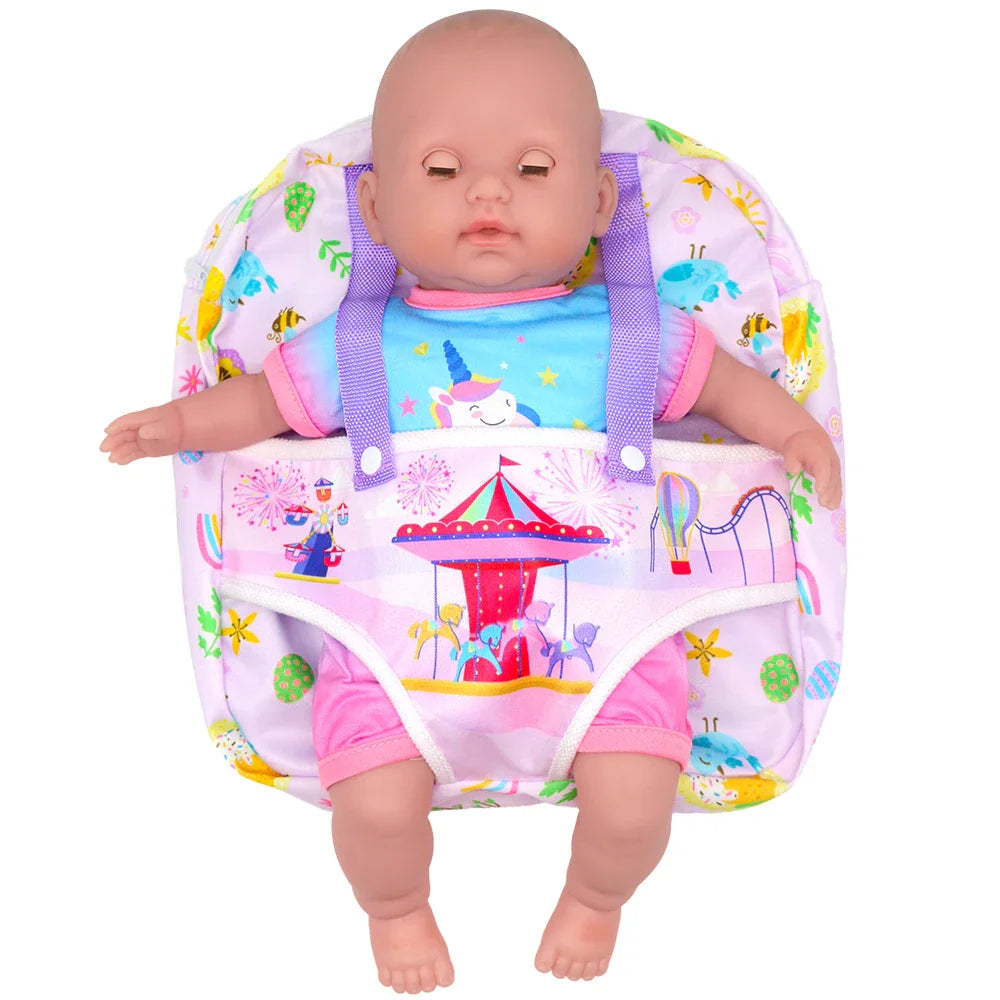 Baby doll inside a carousel-patterned doll carrier backpack.