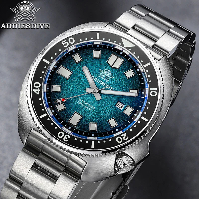 Stainless steel dive watch with a textured blue dial and rotating bezel