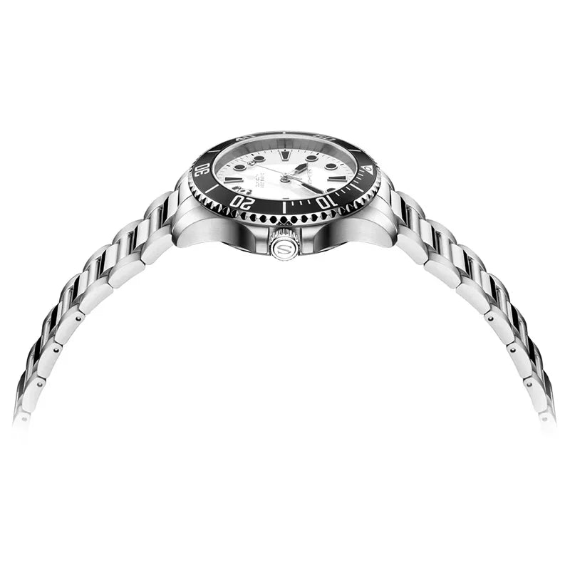Side view of a silver stainless steel diver watch showing the crown and bracelet links.
