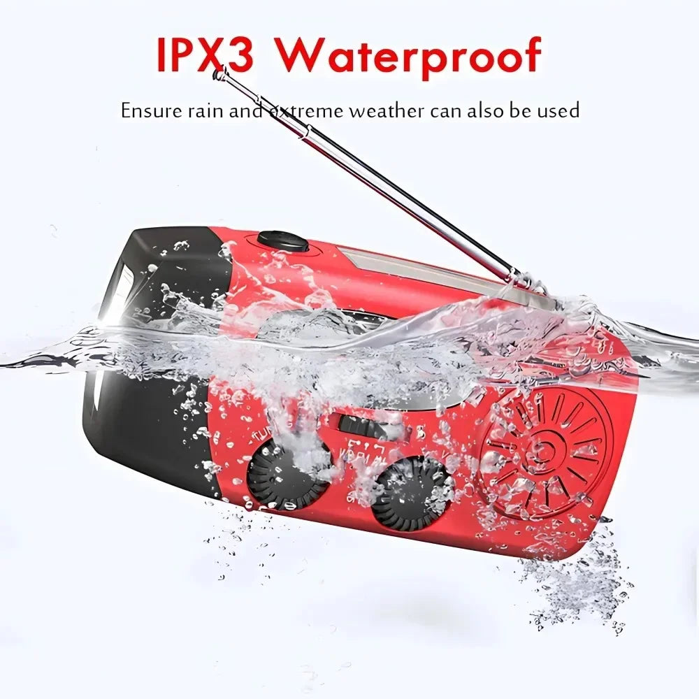 Portable red solar emergency radio partially submerged in water to demonstrate water resistance
