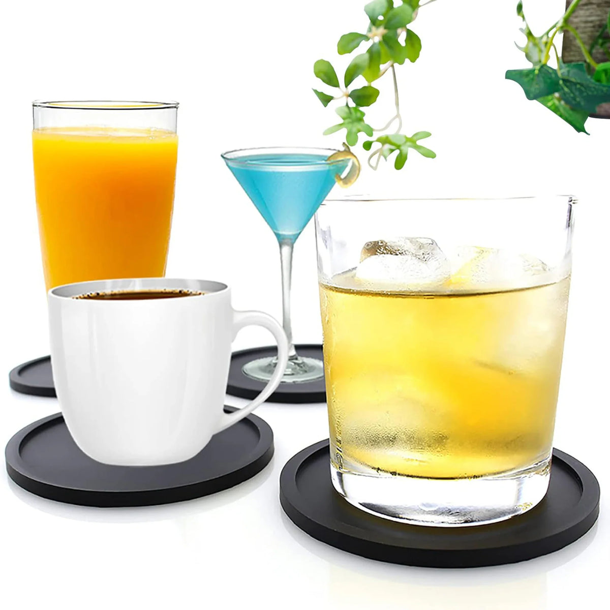 Set of round black silicone coasters with various beverages