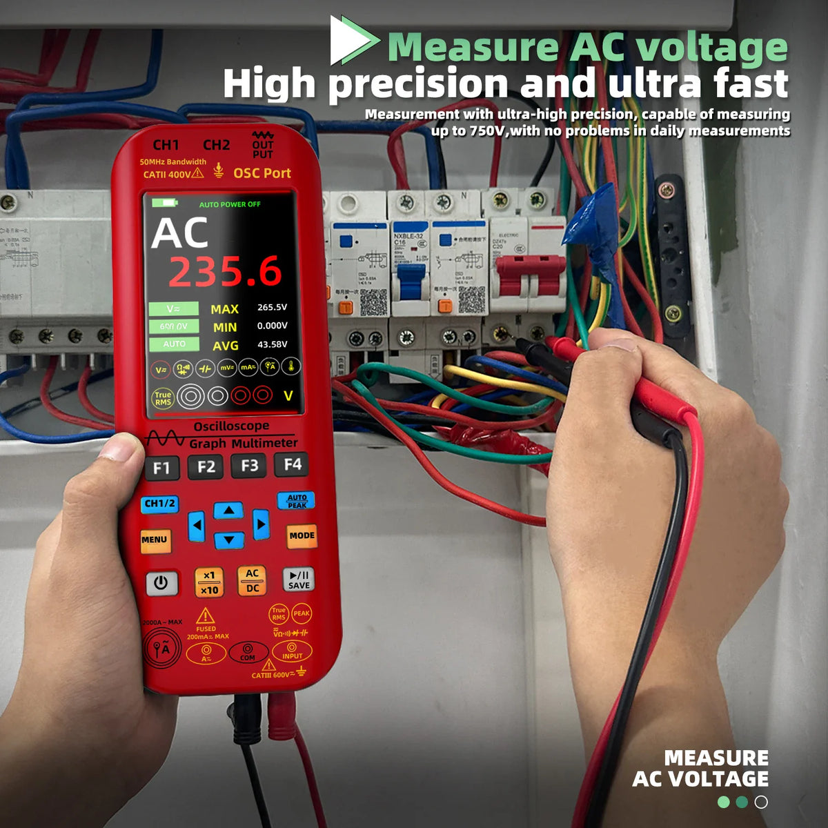 Handheld digital multimeter measuring AC voltage on a circuit breaker
