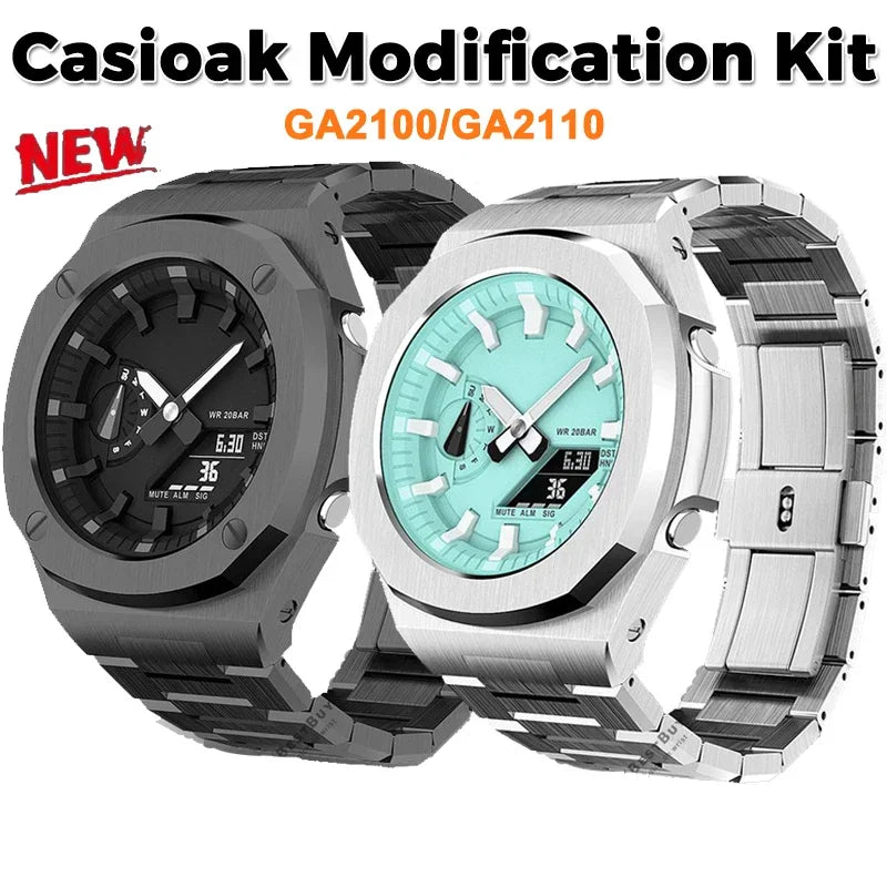 Stainless steel modification kits for watches in black and silver finishes