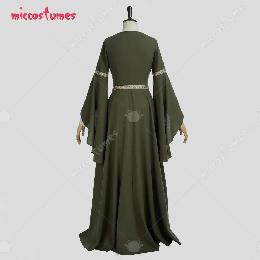 Back view of a long olive green medieval renaissance fairy cosplay dress on a mannequin