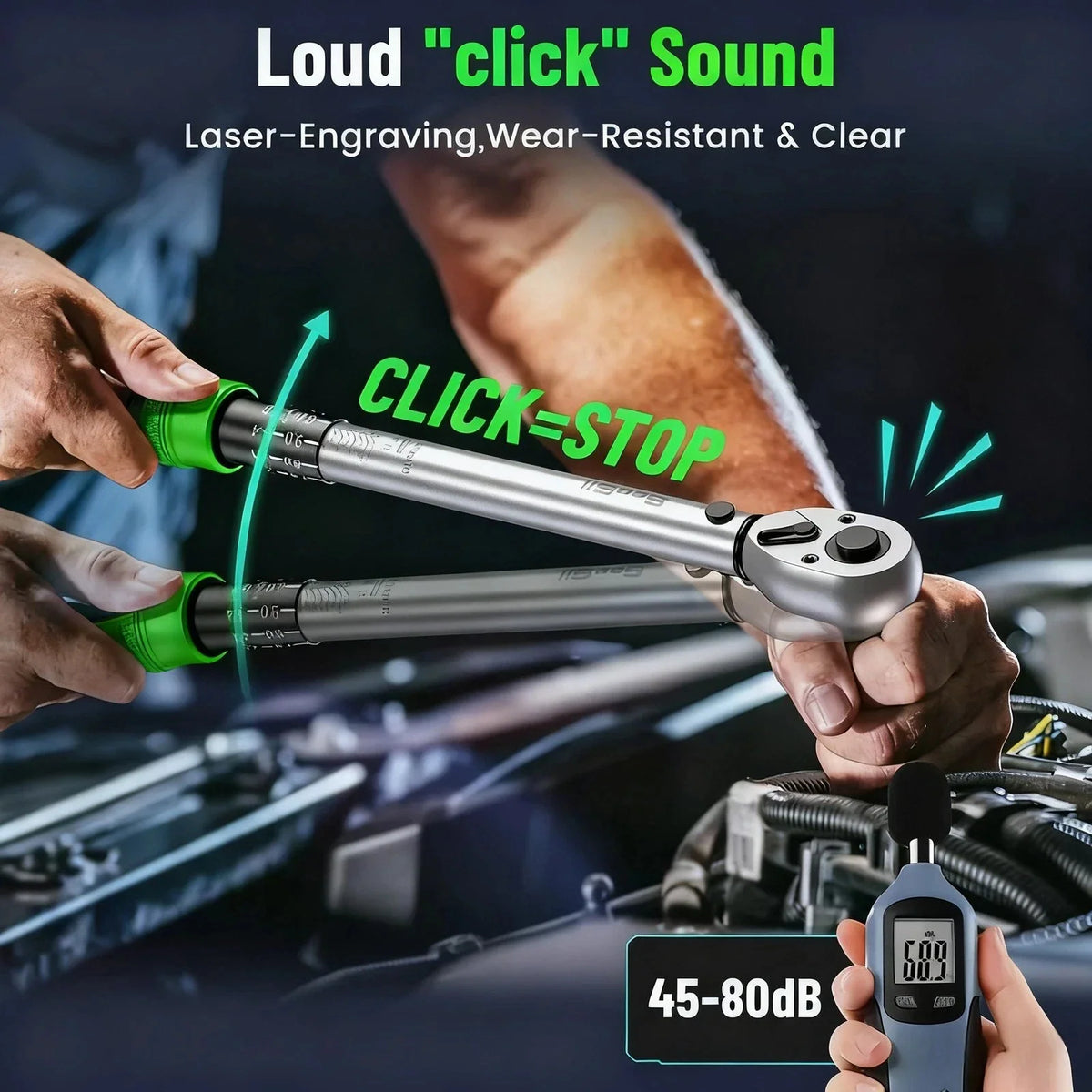 Demonstration of the click sound and locking mechanism of a torque wrench.