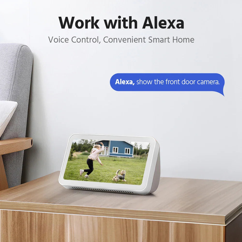 A smart home screen on a wooden nightstand showing a video feed of a child playing with a dog