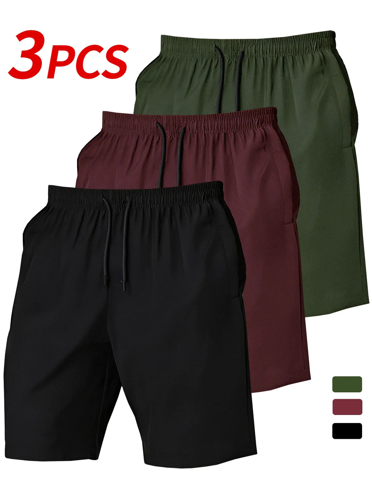 Three pairs of quick-dry athletic shorts in green, burgundy, and black with drawstring waistbands