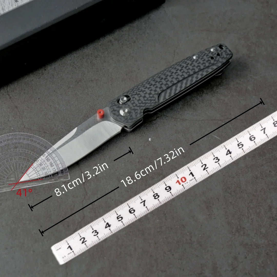 Tactical folding knife with a ruler and protractor showing measurements