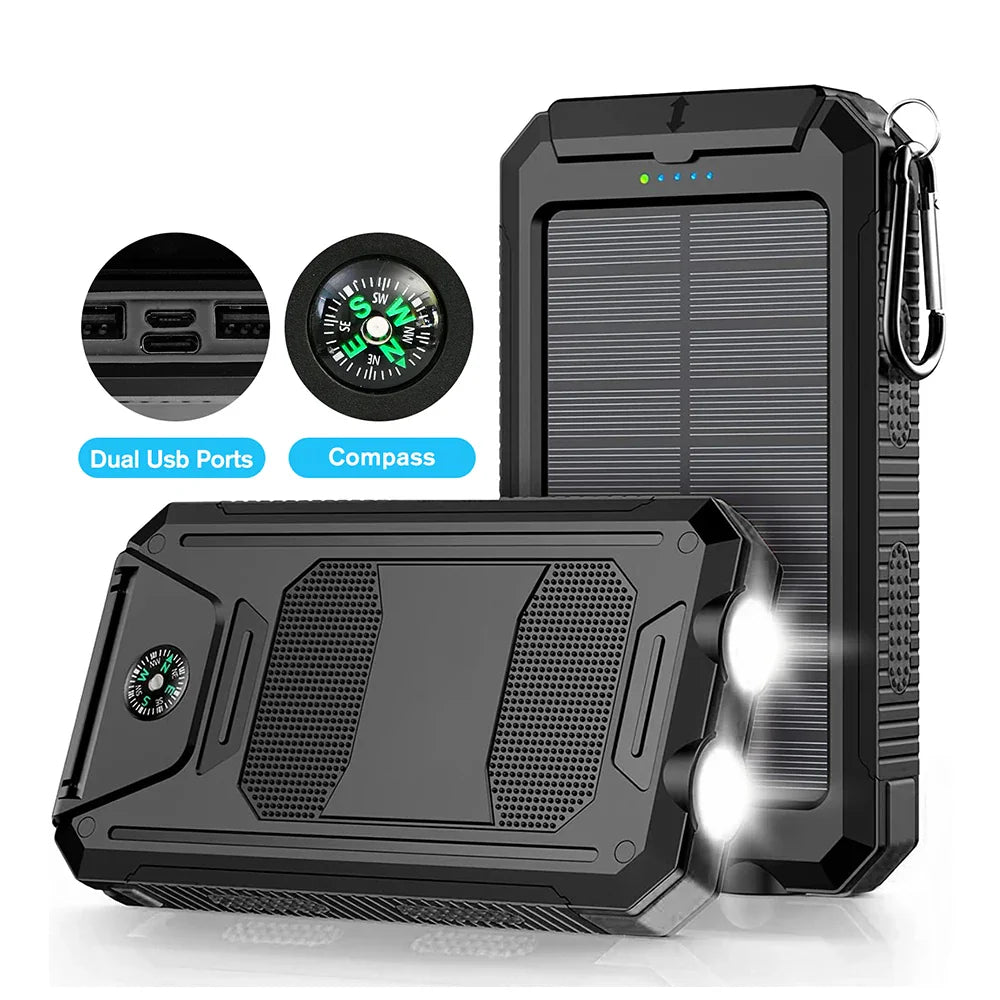 30000mAh solar power bank in red with dual USB ports, integrated carabiner, and LED flashlight