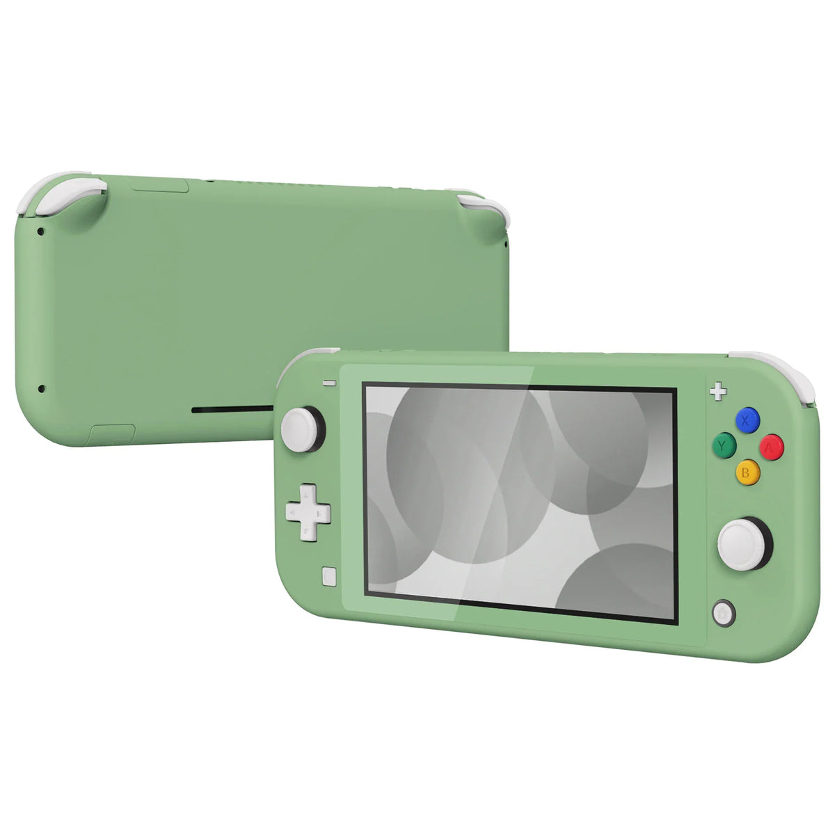 Front and back view of a matcha green replacement housing shell for handheld game console