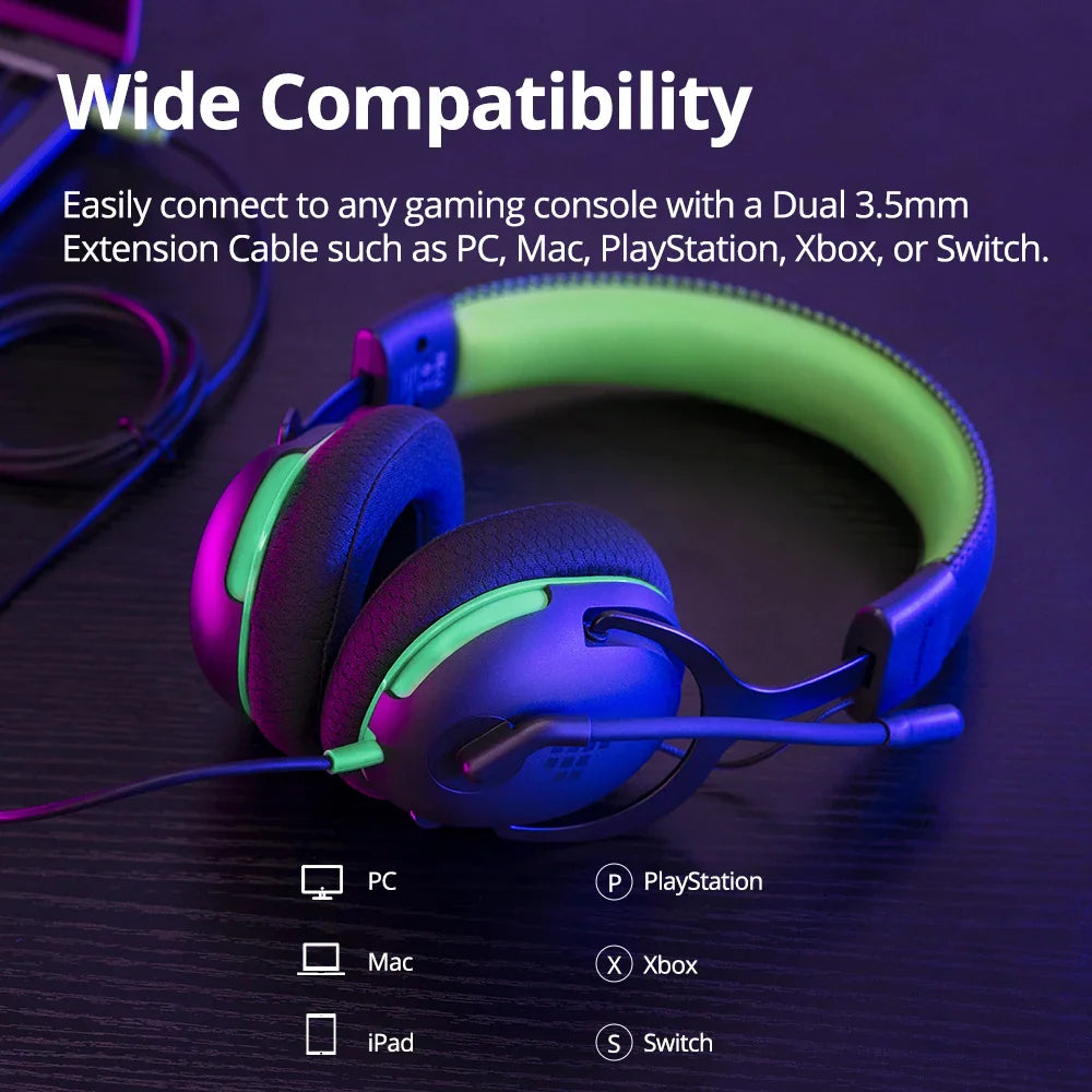 Wired gaming headset with multiplatform compatibility icons.