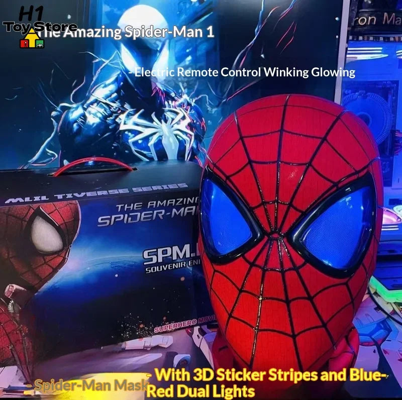 A red superhero mask with glowing blue eyes next to its branded product box.