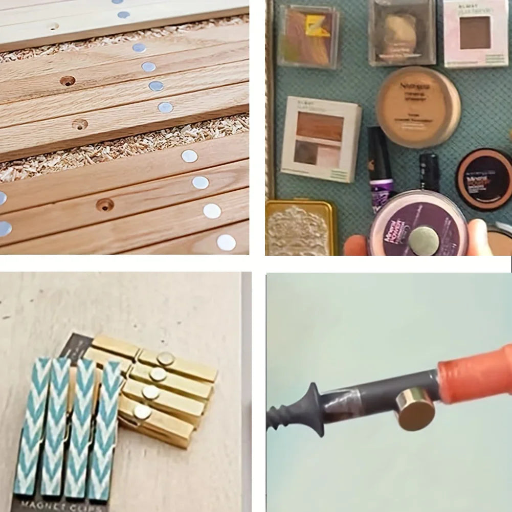 A collage showing disc magnets used for crafting, organizing, and holding items.
