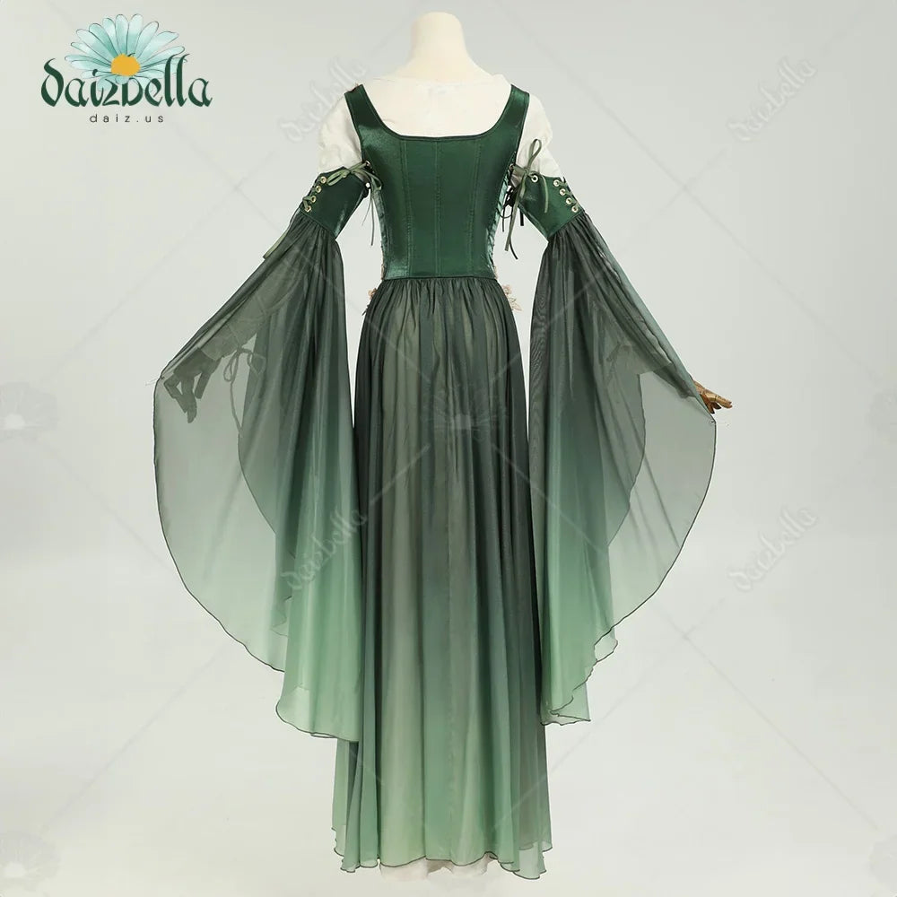 Back view of a green renaissance dress with flowing sleeves and corset style lacing